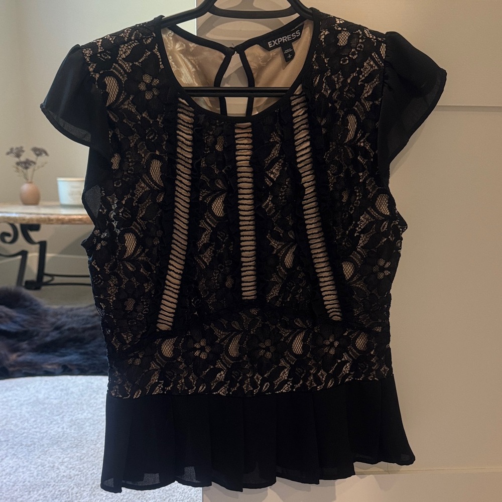 Express Black Lace Blouse with Sheer Details